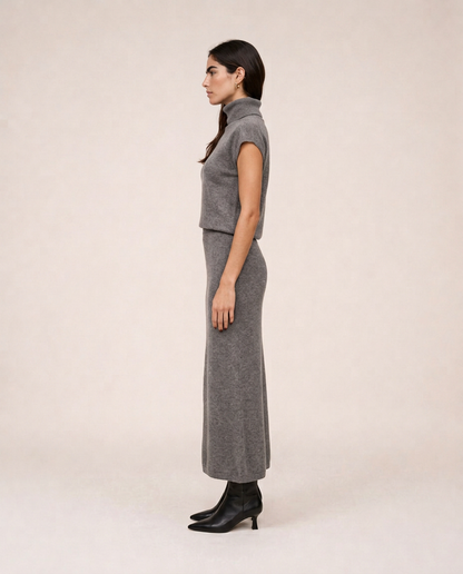 Milan Knit Set in grey with high neck knit top and midi skirt, side view