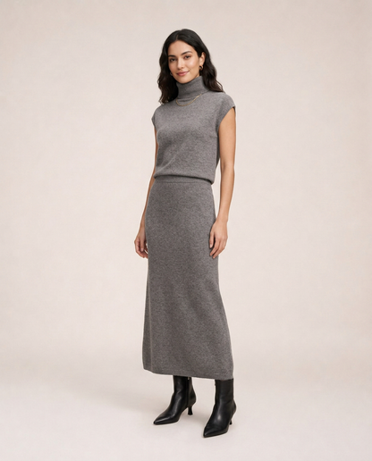 Milan Knit Set in grey with high neck knit top and midi skirt, three-quarter view