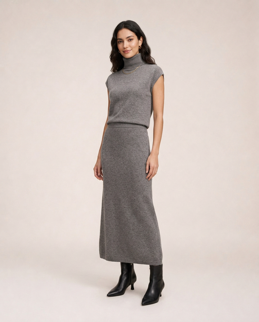 Milan Knit Set in grey with high neck knit top and midi skirt, three-quarter view