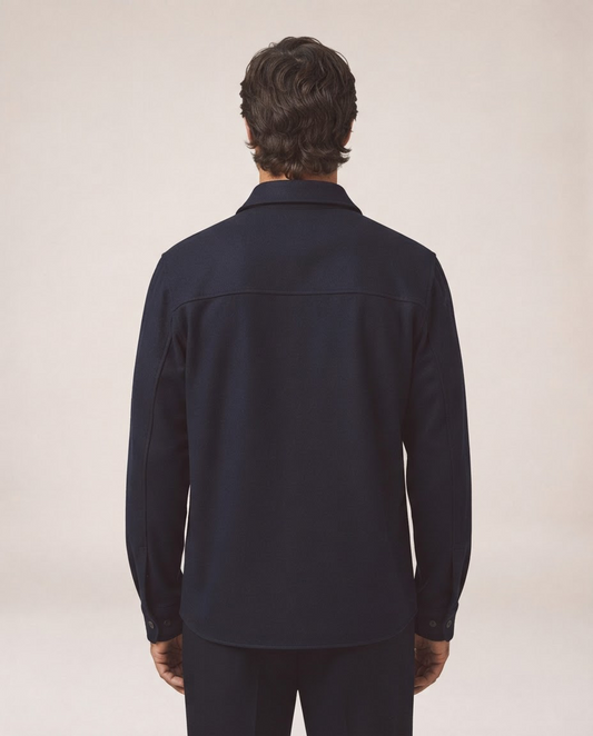 Nilo navy jacket back detail showing collar and horizontal seam