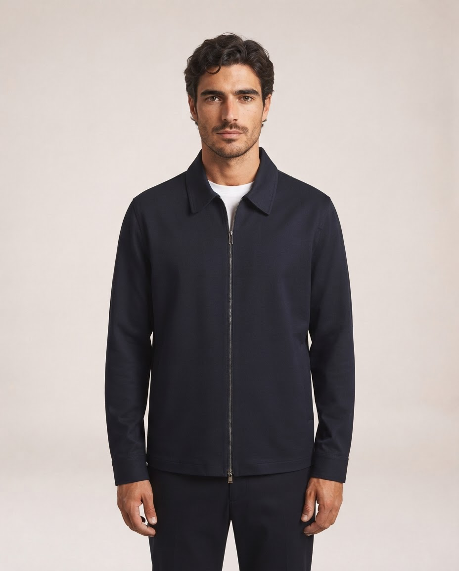 Nilo navy jacket front view with classic collar and zip closure