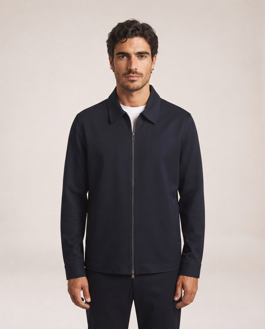 Nilo navy jacket front view with classic collar and zip closure