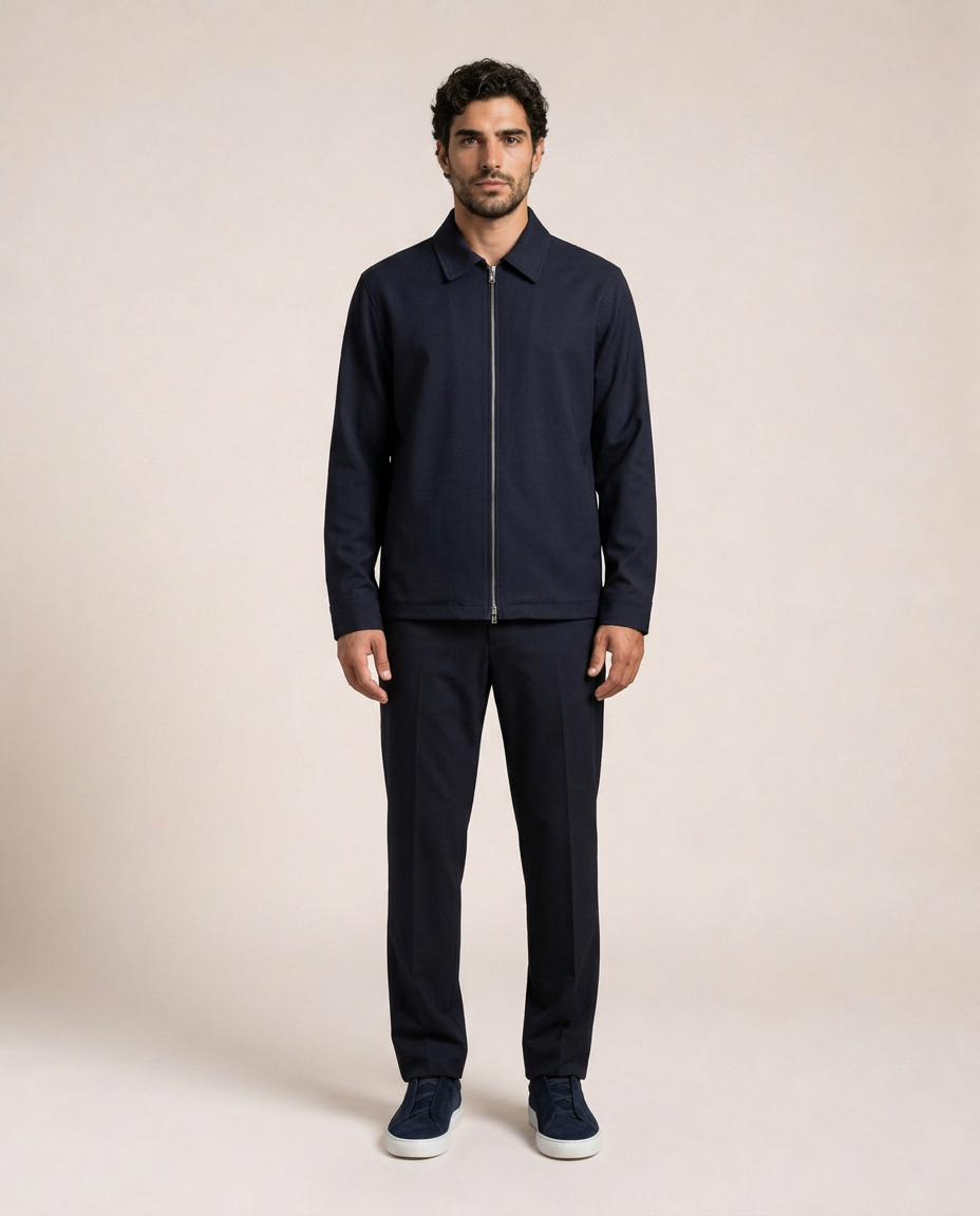 Nilo navy jacket front view styled with matching navy trousers