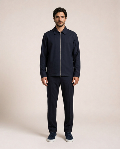 Nilo navy jacket front view styled with matching navy trousers