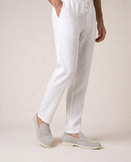 Porto Linen Pants close-up white lightweight linen straight-leg trousers