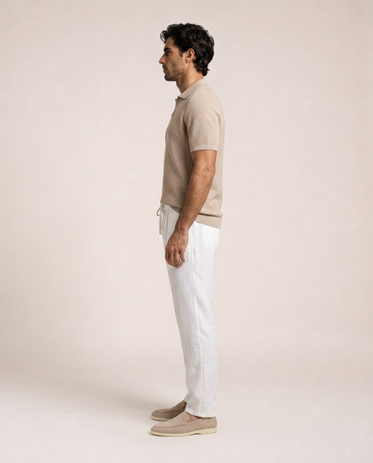 Riviera Cotton Knit Polo side view beige jacquard knit polo shirt