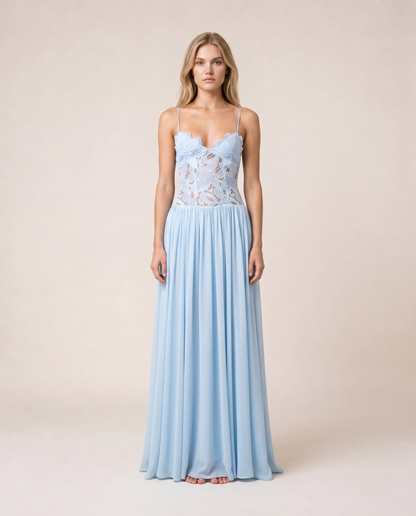 Roséa Maxi Dress front view light blue floral lace maxi dress