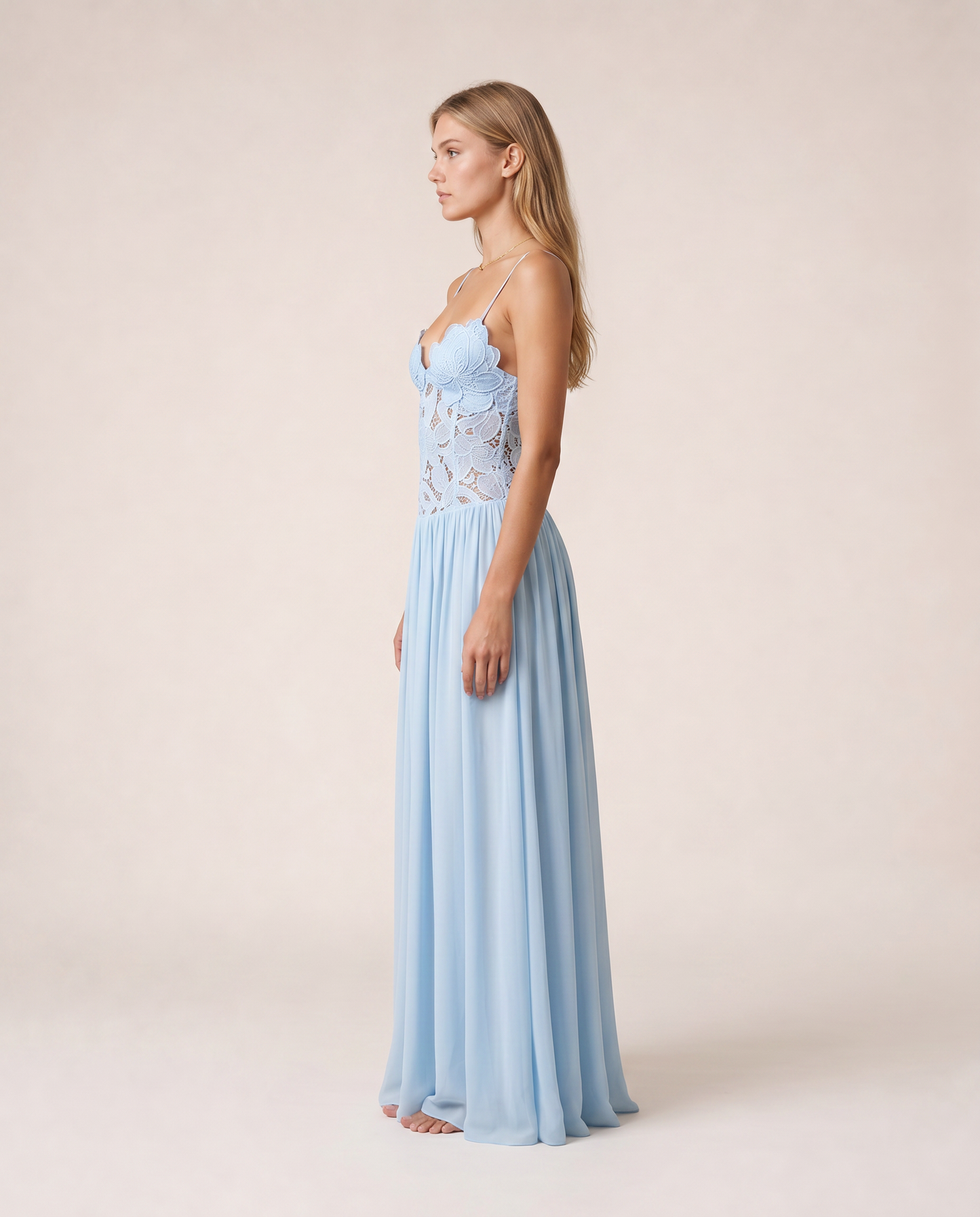 Roséa Maxi Dress side view light blue ethereal maxi dress silhouette