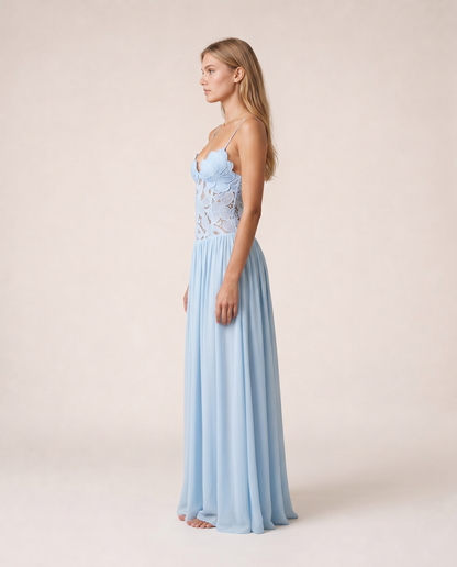 Roséa Maxi Dress side view light blue ethereal maxi dress silhouette