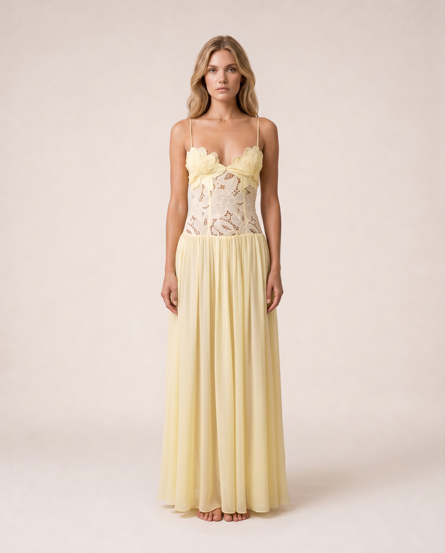 Roséa Maxi Dress front view pale yellow lace corset maxi dress