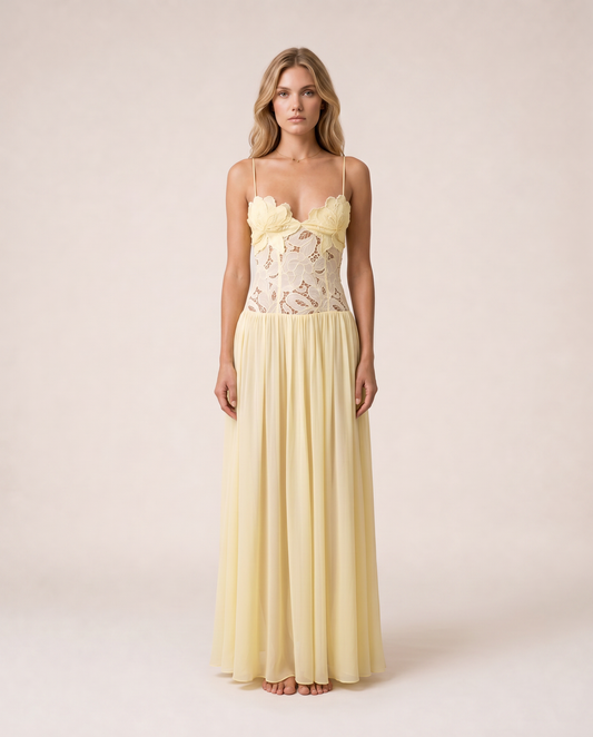 Roséa Maxi Dress front view pale yellow lace corset maxi dress