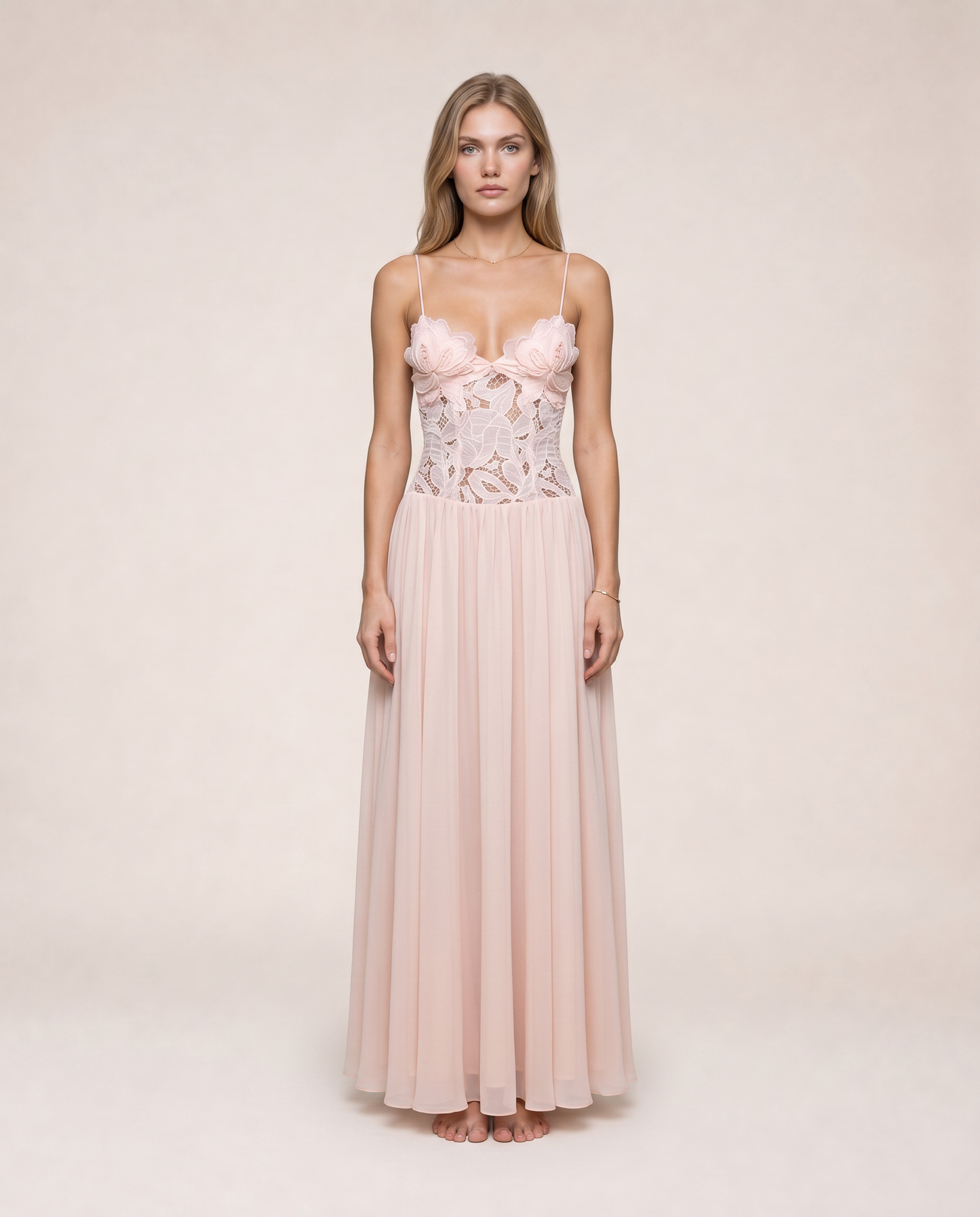 Roséa Maxi Dress front view blush pink lace corset maxi dress