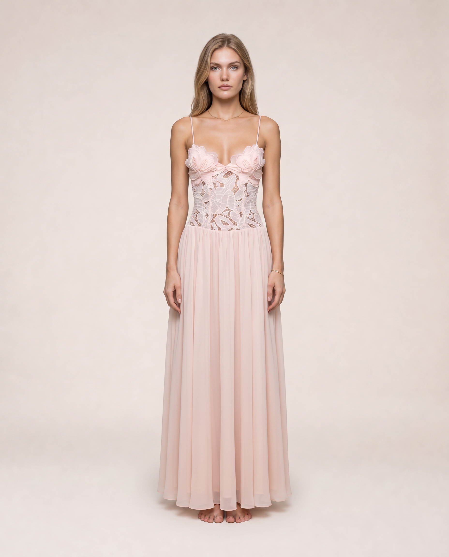 Roséa Maxi Dress front view blush pink lace corset maxi dress