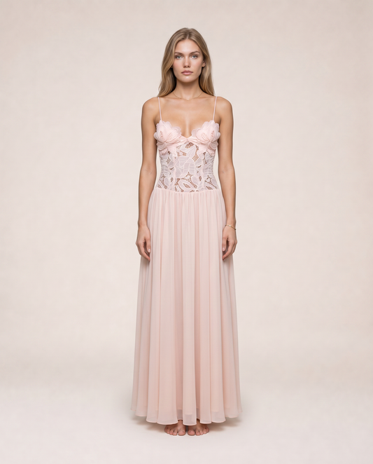 Roséa Maxi Dress front view blush pink lace corset maxi dress