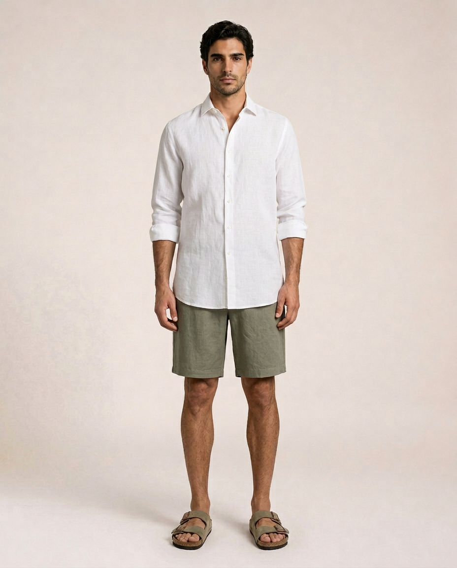 Salerno Bermudas de Lino - Verde de Menielle, vista frontal con camisa de lino