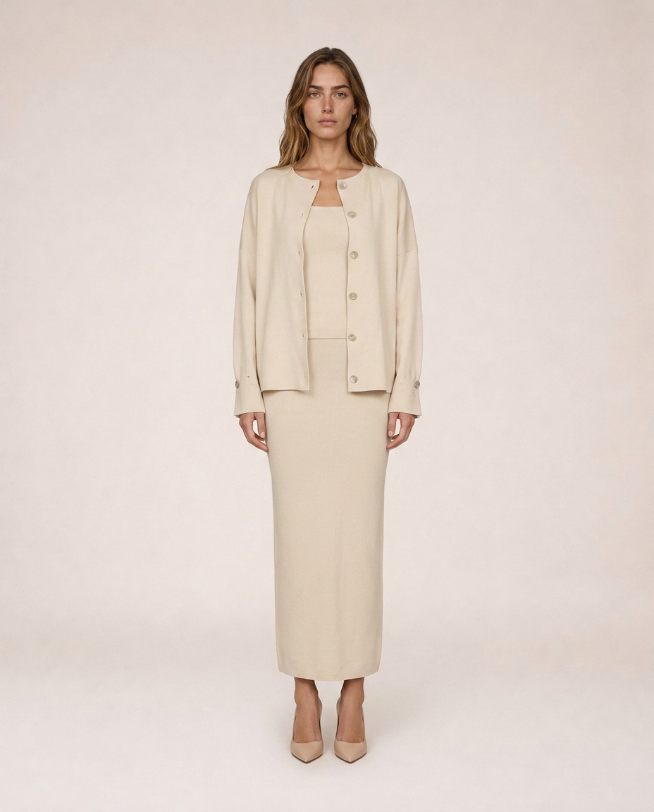 Siena cream knit three-piece set with button cardigan, top and midi skirt, front view