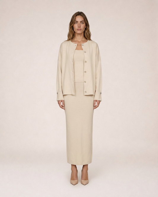 Siena cream knit three-piece set with button cardigan, top and midi skirt, front view