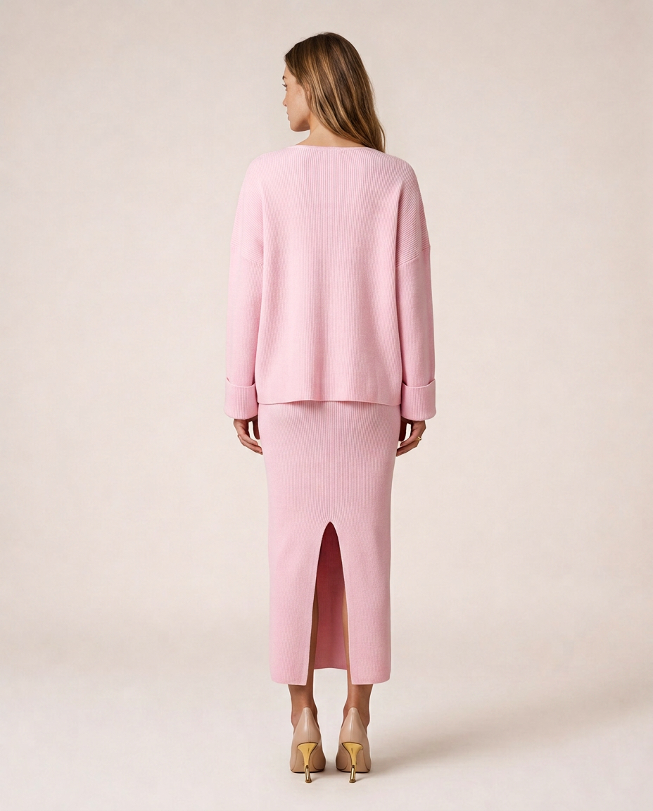 Siena pink knit three-piece set with cardigan and midi skirt, back view