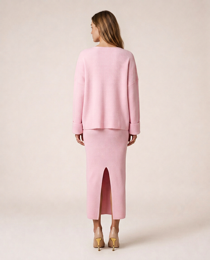 Siena pink knit three-piece set with cardigan and midi skirt, back view