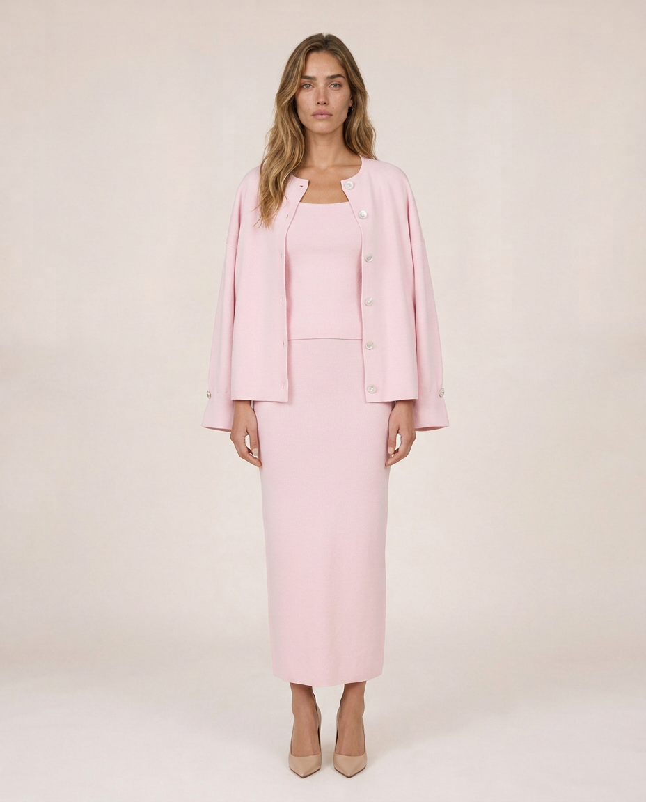 Siena pink knit three-piece set with button cardigan, top and midi skirt, front view