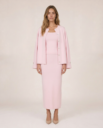 Siena pink knit three-piece set with button cardigan, top and midi skirt, front view