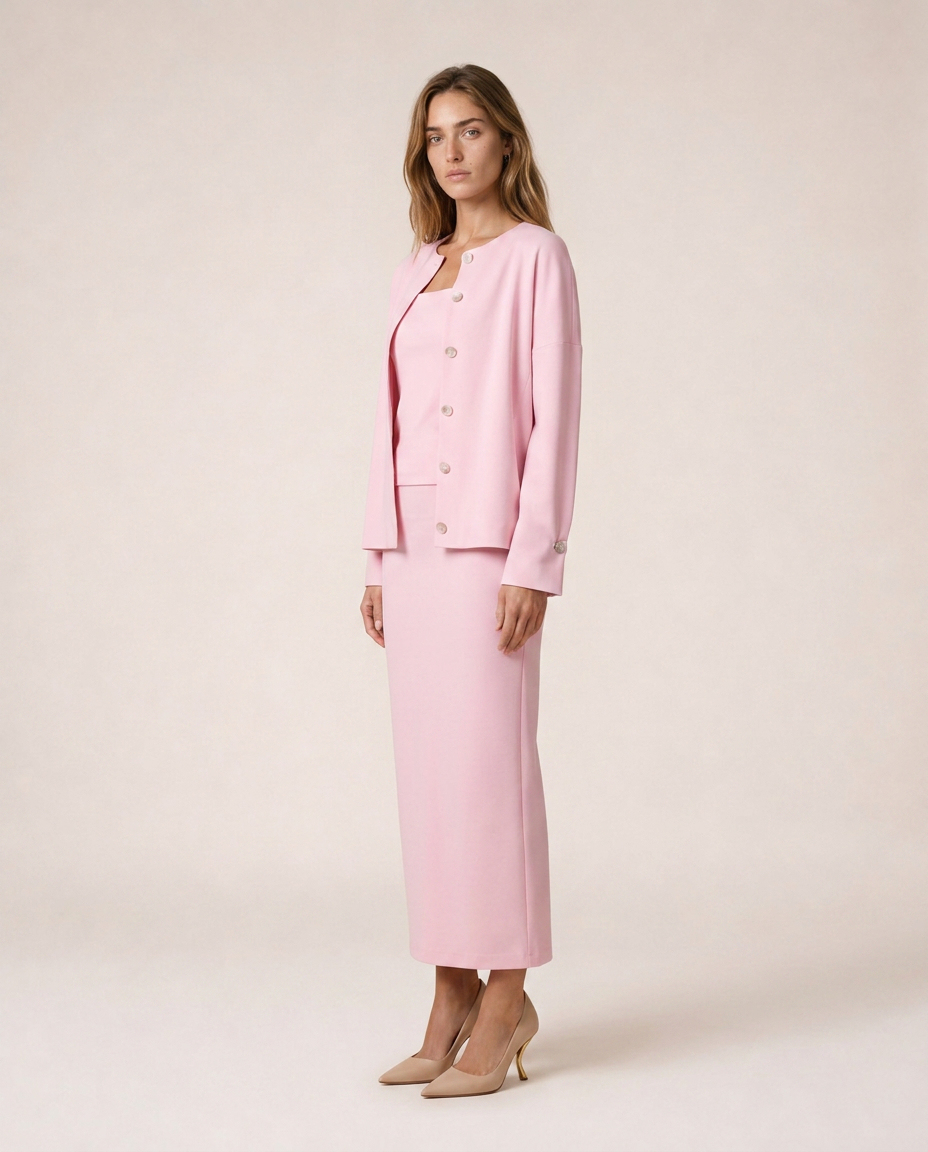 Siena pink knit three-piece set with cardigan and midi skirt, front three-quarter view