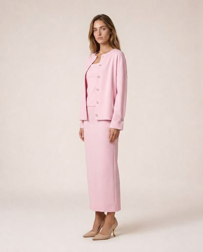 Siena pink knit three-piece set with cardigan and midi skirt, front three-quarter view