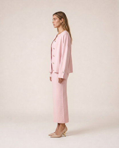 Siena pink knit three-piece set with cardigan, top and midi skirt, side view
