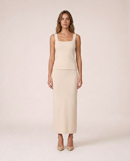 Siena cream knit three-piece set, top and midi skirt, front view