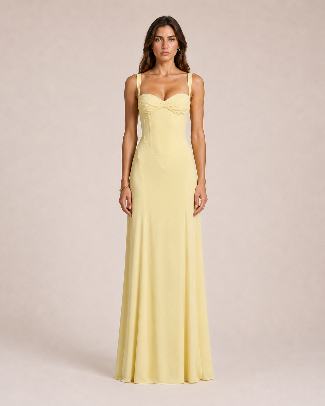 Sorbete di Limone Maxi Dress soft lemon yellow floor-length gown with sculpted sweetheart bodice, elegant fitted waist and fluid skirt, timeless Mediterranean glamour