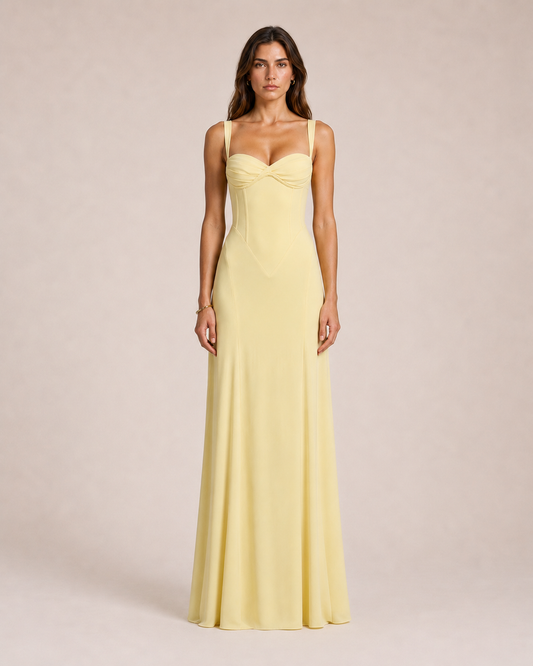 Sorbete di Limone Maxi Dress soft lemon yellow floor-length gown with sculpted sweetheart bodice, elegant fitted waist and fluid skirt, timeless Mediterranean glamour