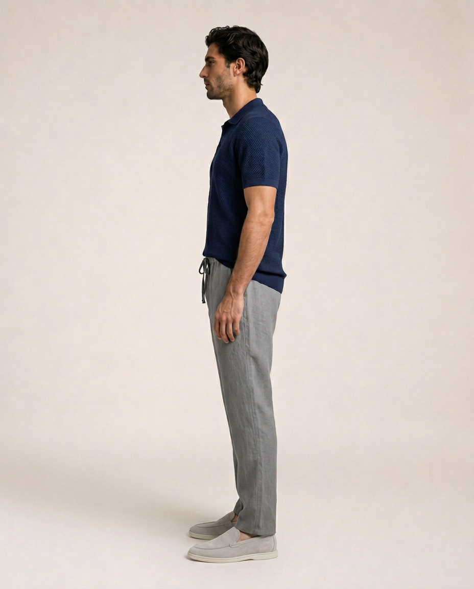 Sorrento Cotton Knit Polo side view navy blue jacquard knit polo shirt