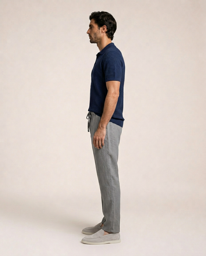 Sorrento Cotton Knit Polo side view navy blue jacquard knit polo shirt