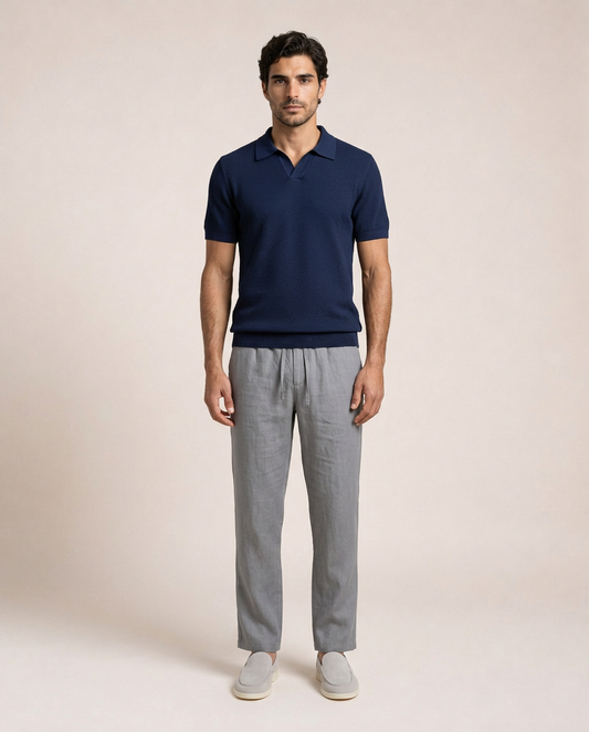Sorrento Cotton Knit Polo front view navy blue textured cotton polo