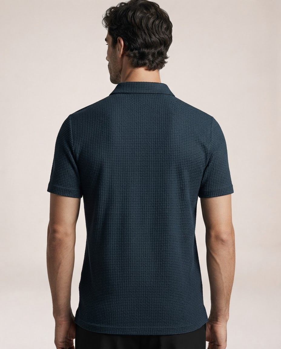 Vinicius navy blue polo shirt back view with textured fabric and short sleeves