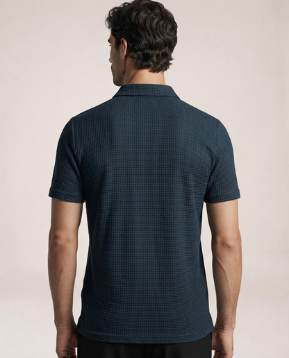 Vinicius navy blue polo shirt back view with textured fabric and short sleeves
