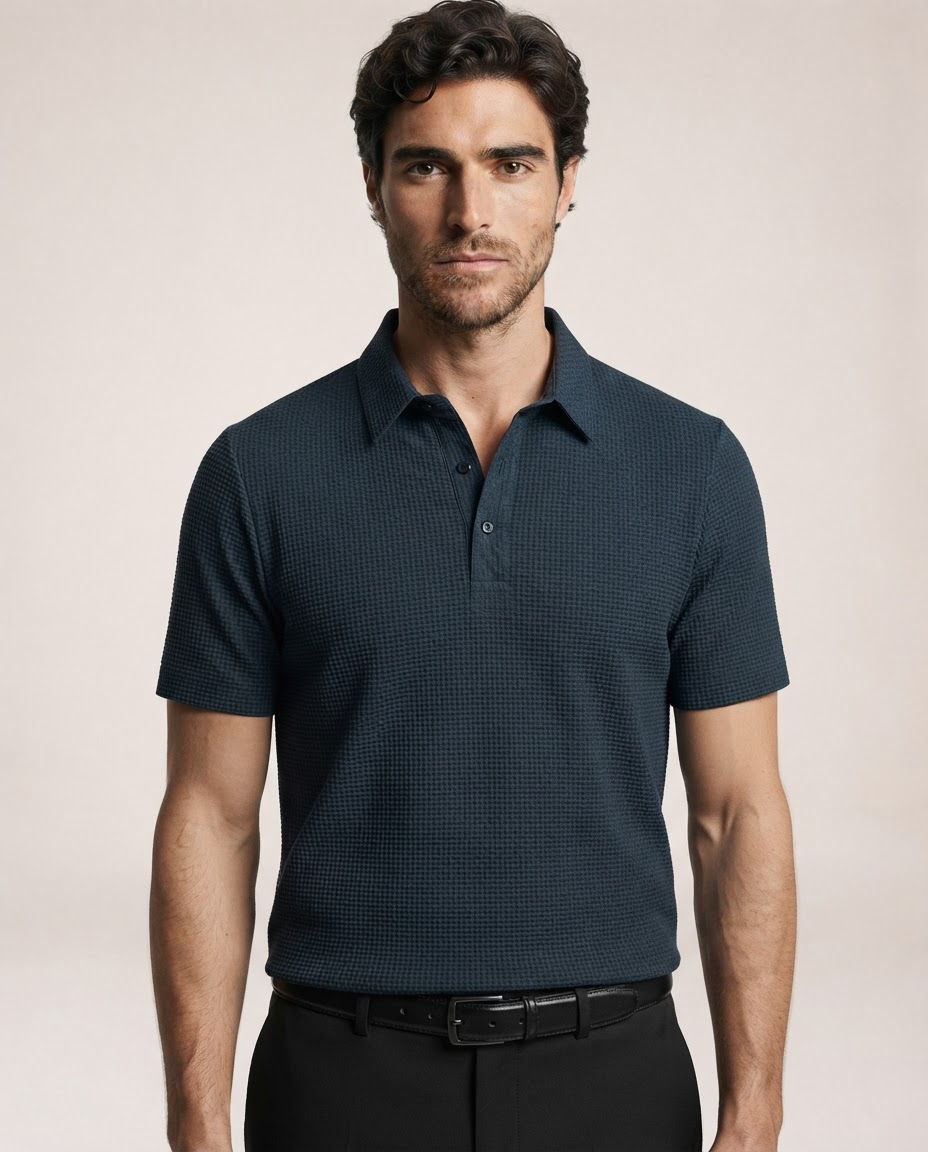 Vinicius navy blue polo shirt showing textured fabric and button collar