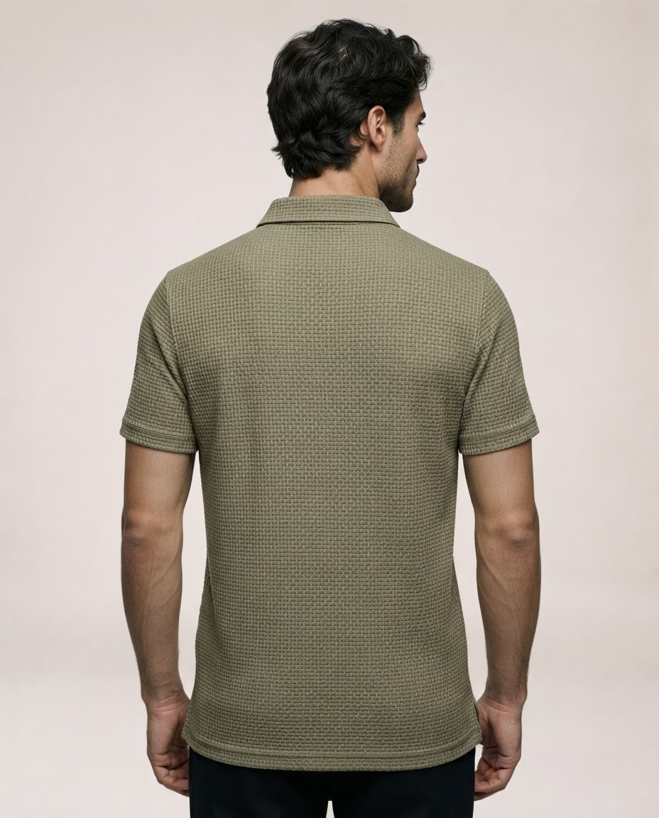 Vinicius olive green polo shirt back view with textured fabric and short sleeves