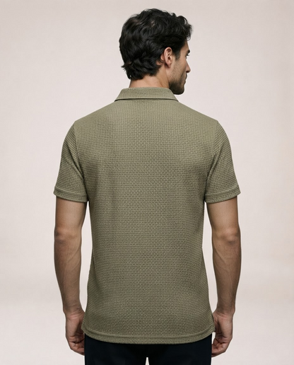 Vinicius olive green polo shirt back view with textured fabric and short sleeves