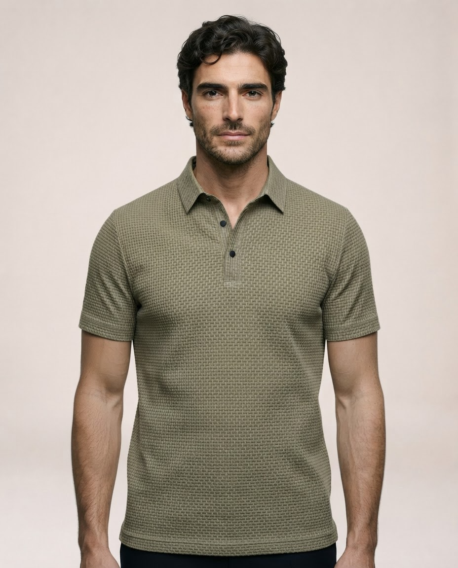 Vinicius olive green polo shirt front view with short sleeves and textured fabric