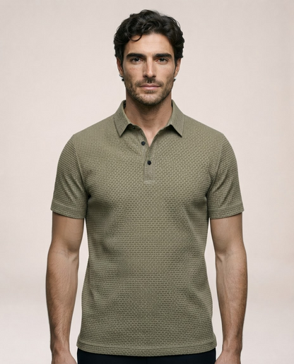 Vinicius olive green polo shirt front view with short sleeves and textured fabric