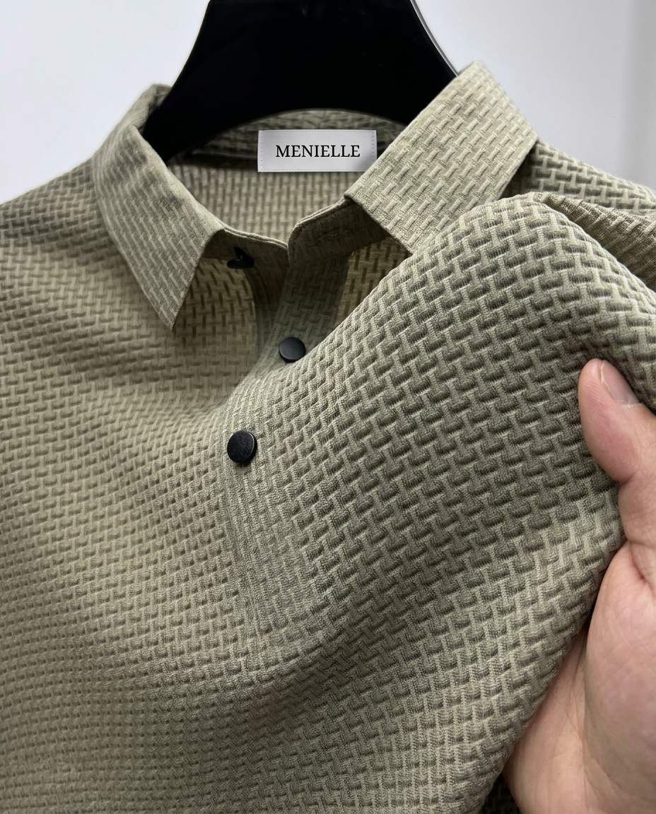 Vinicius polo shirt in olive green showing textured fabric and button collar
