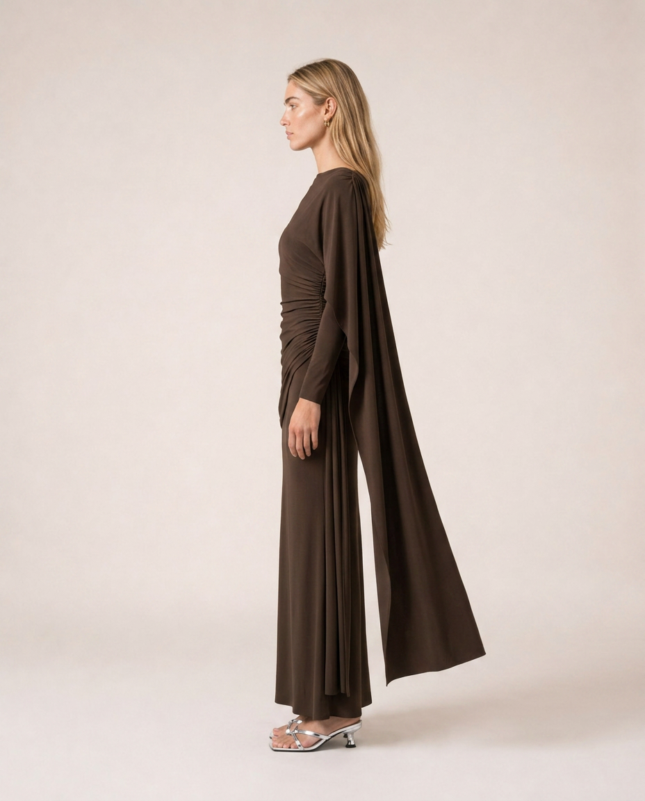 Side view of Vittoria Maxi Dress in dark brown with ruched silhouette and flowing cape sleeve
